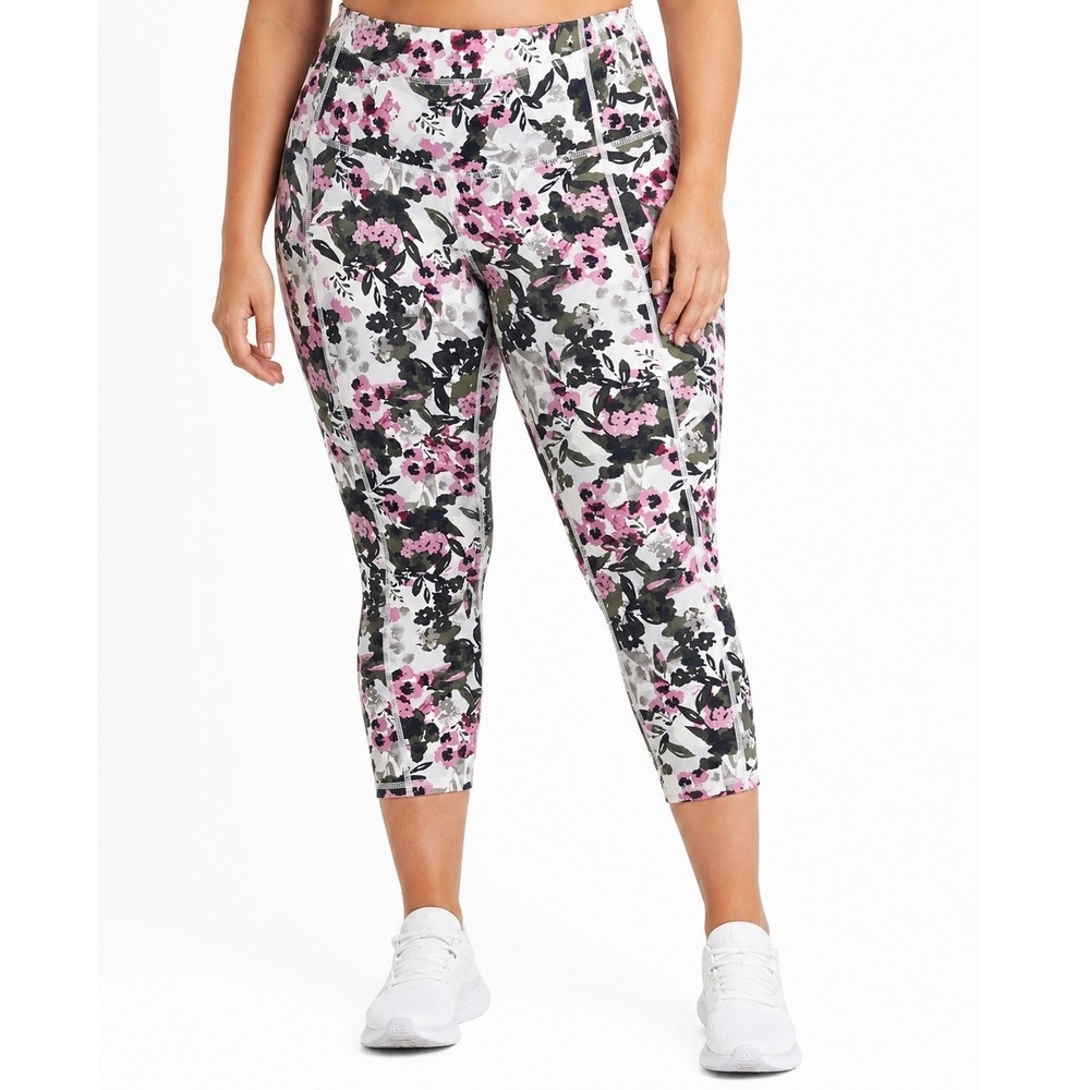Torrid Active Floral Crop Legging 00 M/L Pink High Rise Side Pocket Workout Yoga